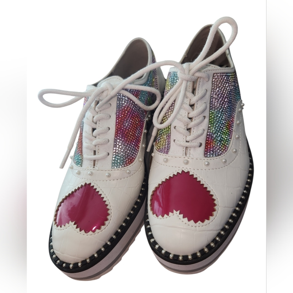 BETSEY JOHNSON White Mixed Media Embellished Round Toe Platform Sneakers 6 M
